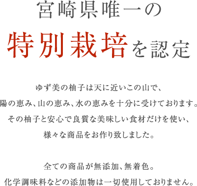 宮崎県唯一の特別栽培を認定、ゆず美の柚子は天に近いこの山で、陽の恵み、山の恵み、水の恵みを十分に受けております。その柚子と安心で良質な美味しい食材だけを使い、
様々な商品をお作り致しました。全ての商品が無添加、無着色。化学調味料などの添加物は一切使用しておりません。